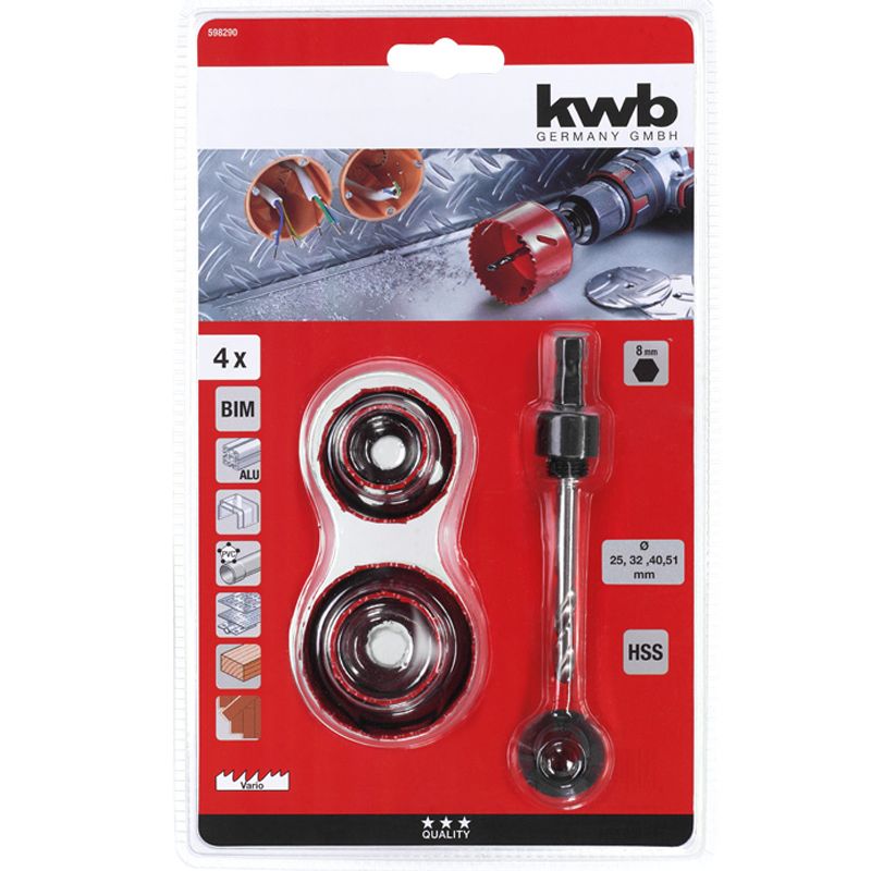 LYUKFŰRÉSZ KÉSZLET 5 RÉSZES 25-51mm+ADAPTER KWB 49598290 KÉSZLETEK