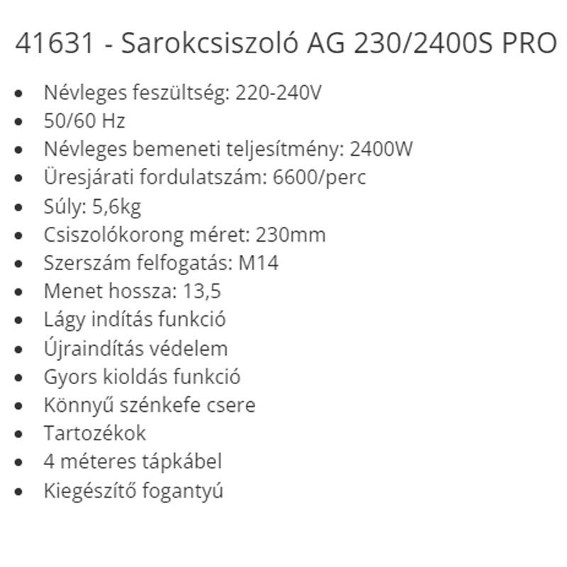 SAROKCSISZOLÓ D230mm 2400W AG 230/2400S PRO F.F.GROUP 41631