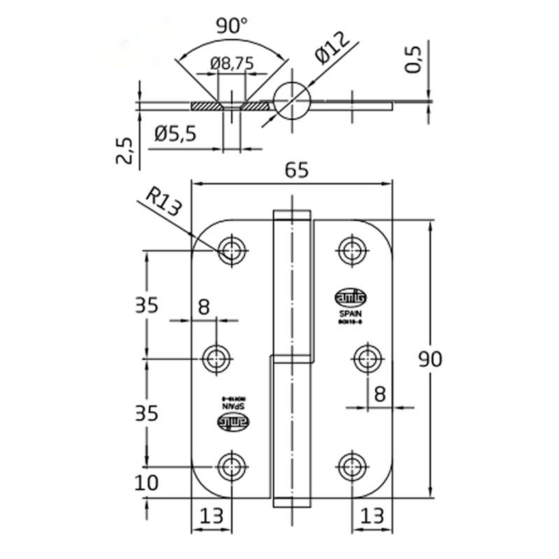 AMIG 423/4320 - MHA 477 AJTÓPÁNT KEREKÍTETT 90*65mm INOX BAL (MAGYAR JOBB)  AJTÓVASALAT