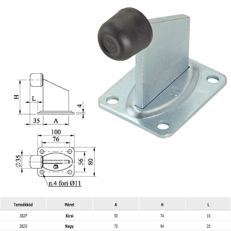 COMBI 382P TOLÓ,ÚSZÓKAPU ÜTKÖZŐ FURATOS GUMIBAKKAL 74(91)mm MAGAS HG.  KAPUVASALAT