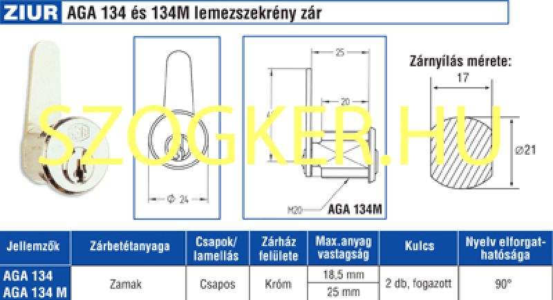 LEMEZSZEKRÉNYZÁR HOSSZÚ NYELV TESTHOSSZ:30mm,NYELV:45mm AGA 134M LEMEZ-POSTALÁDA-KÉMÉNYZÁR