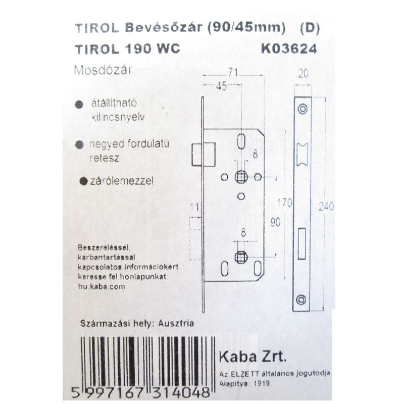 ZÁRTEST BEVÉSŐ WC(MOSDÓ) 45/90/20/8/8 GEGE KEREK ELŐLAP DORMAKABA TIROL190W AJTÓZÁR