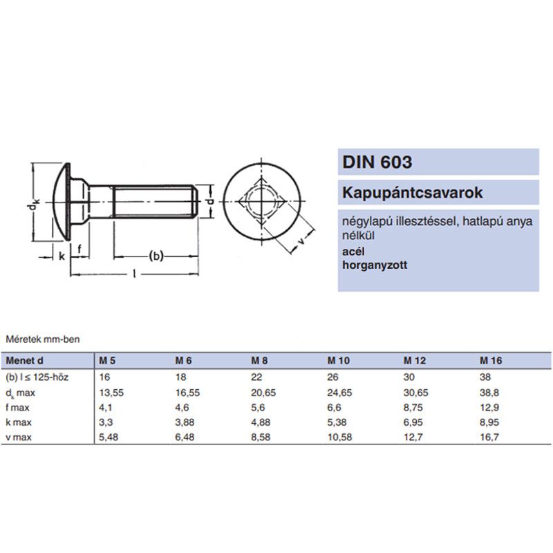 KAPUPÁNTCSAVAR M6*160 DIN 603 4.6 HG.  METRIKUS CSAVAROK