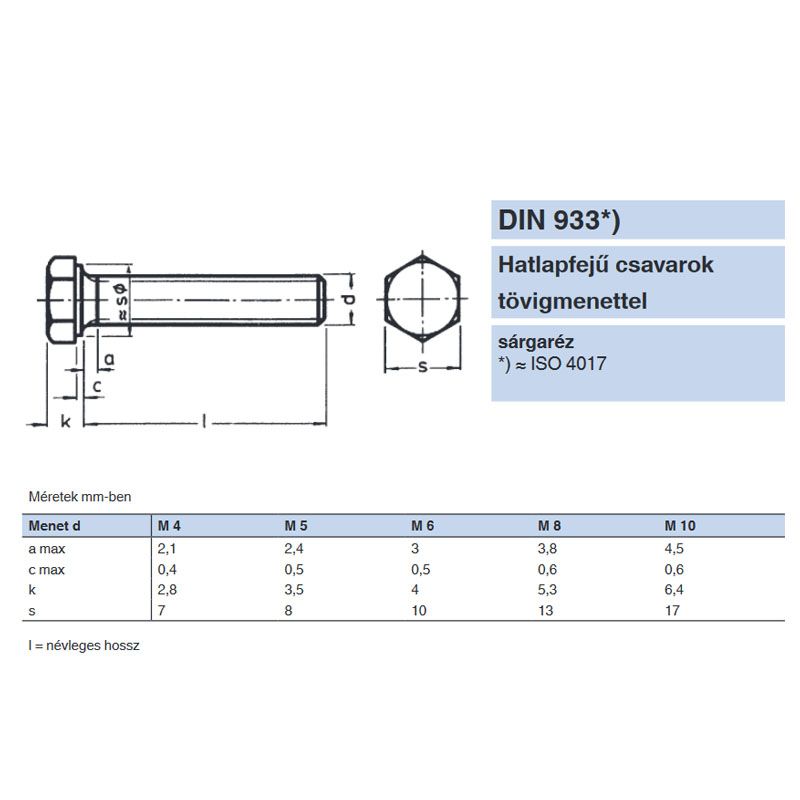 HLF CSAVAR M10*50 DIN 933 SÁRGARÉZ TM IMPORT METRIKUS SÁRGARÉZ CSAVAROK